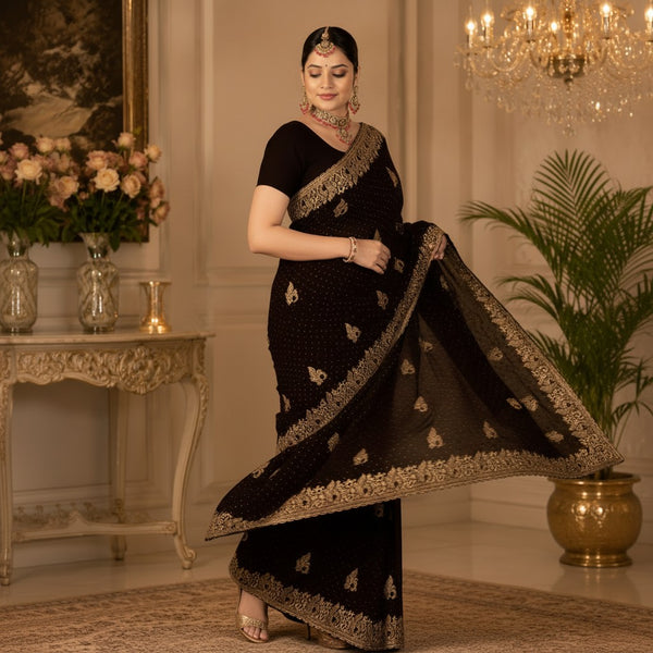Deep Brown Designer Saree with Rich Gold Embroidery