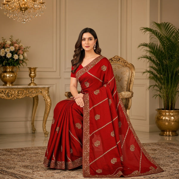 Red Saree with Intricate Gold Embroidery