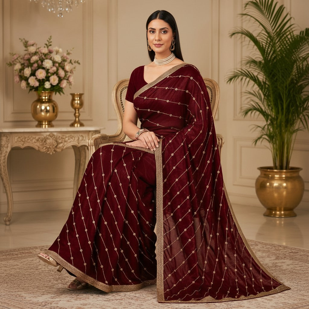 Maroon Saree with Gold Embellished Design