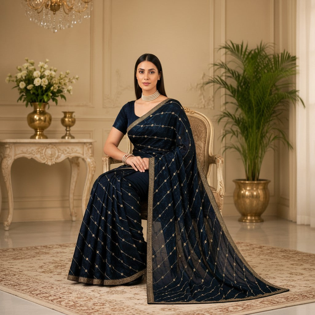 Navy Blue Saree with Gold Embellished Design