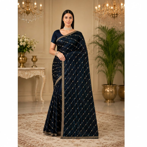 Navy Blue Saree with Gold Embellished Design