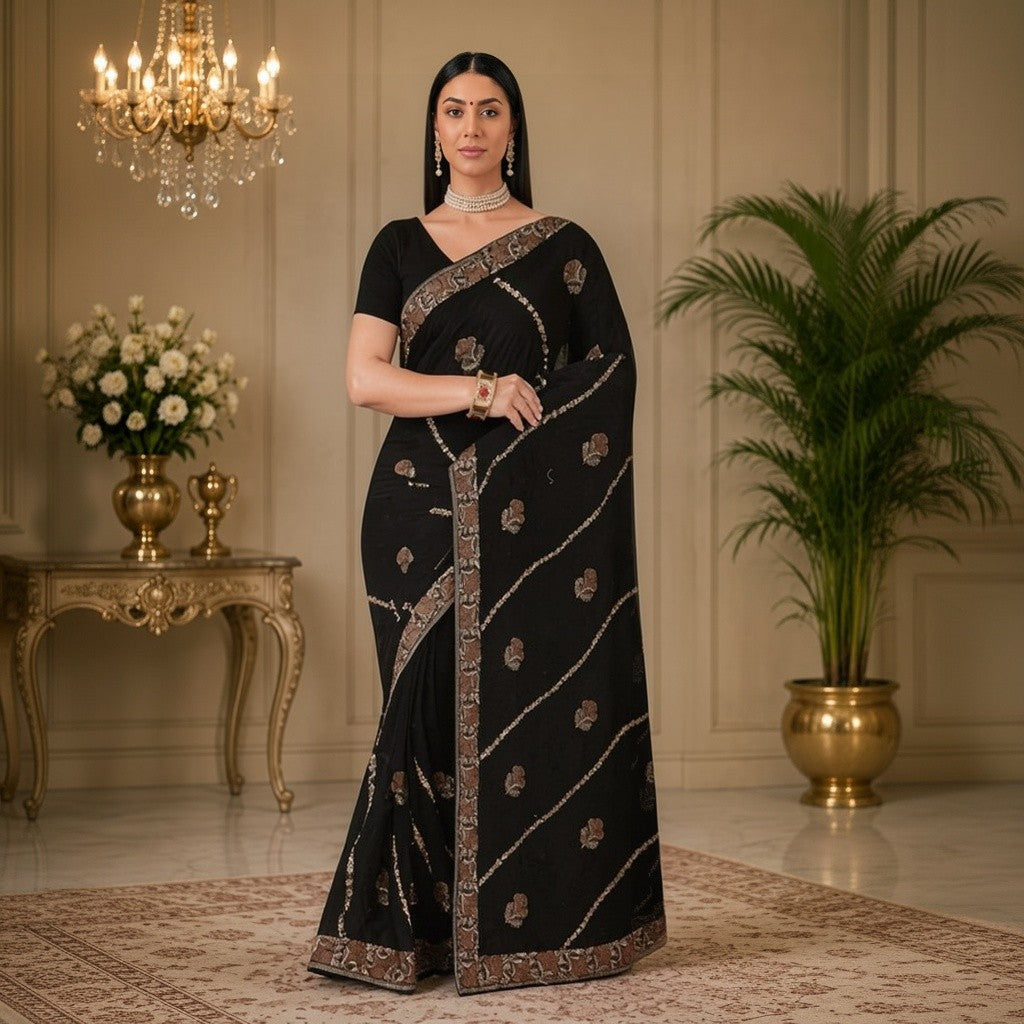 Black Saree with Ornate Embroidered Border