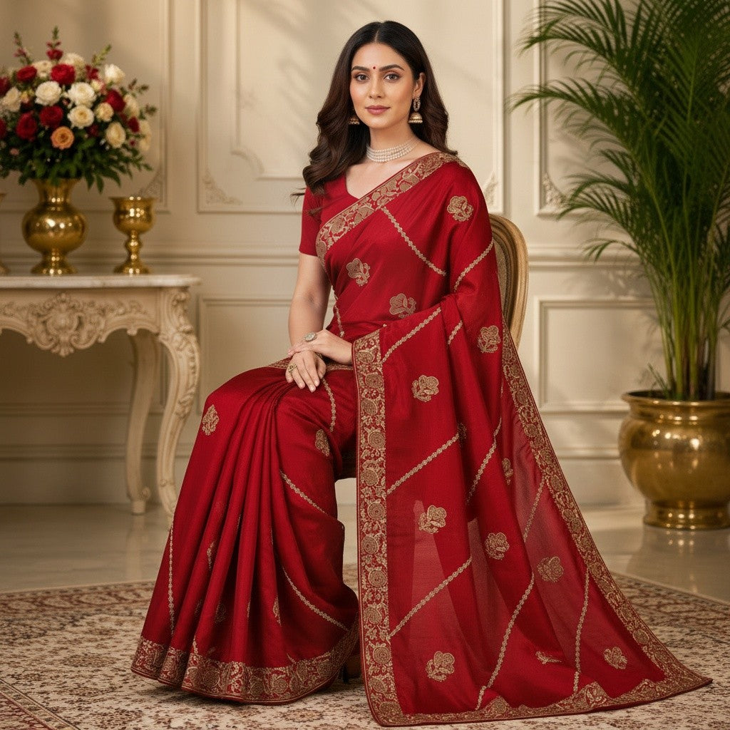 Red Saree with Intricate Gold Embroidered Border