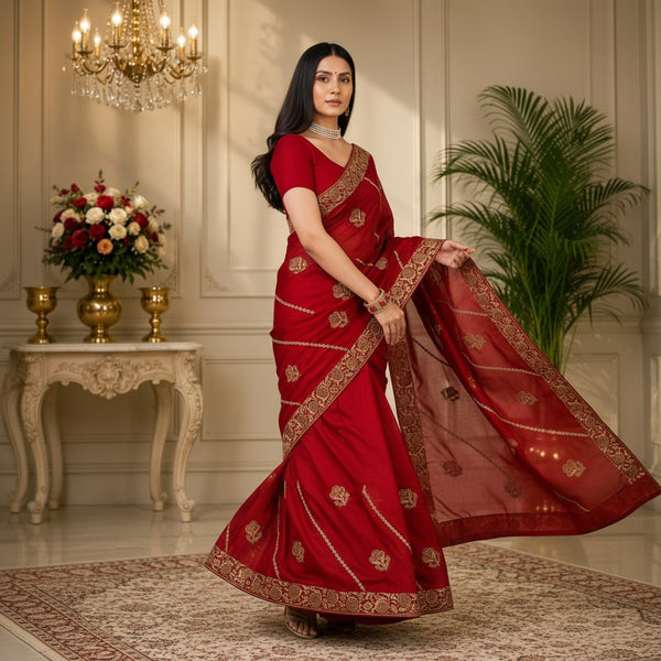 Red Saree with Intricate Gold Embroidered Border