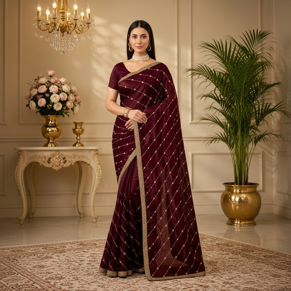 Maroon Saree with Gold Diagonal Embroidery