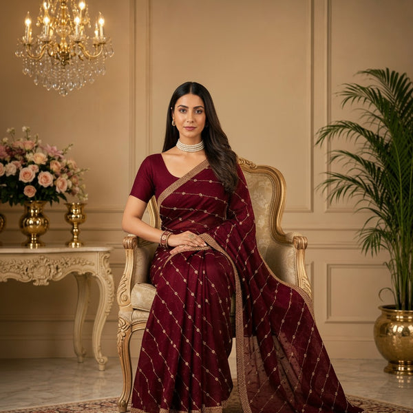 Burgundy Saree with Gold Embellished Lines