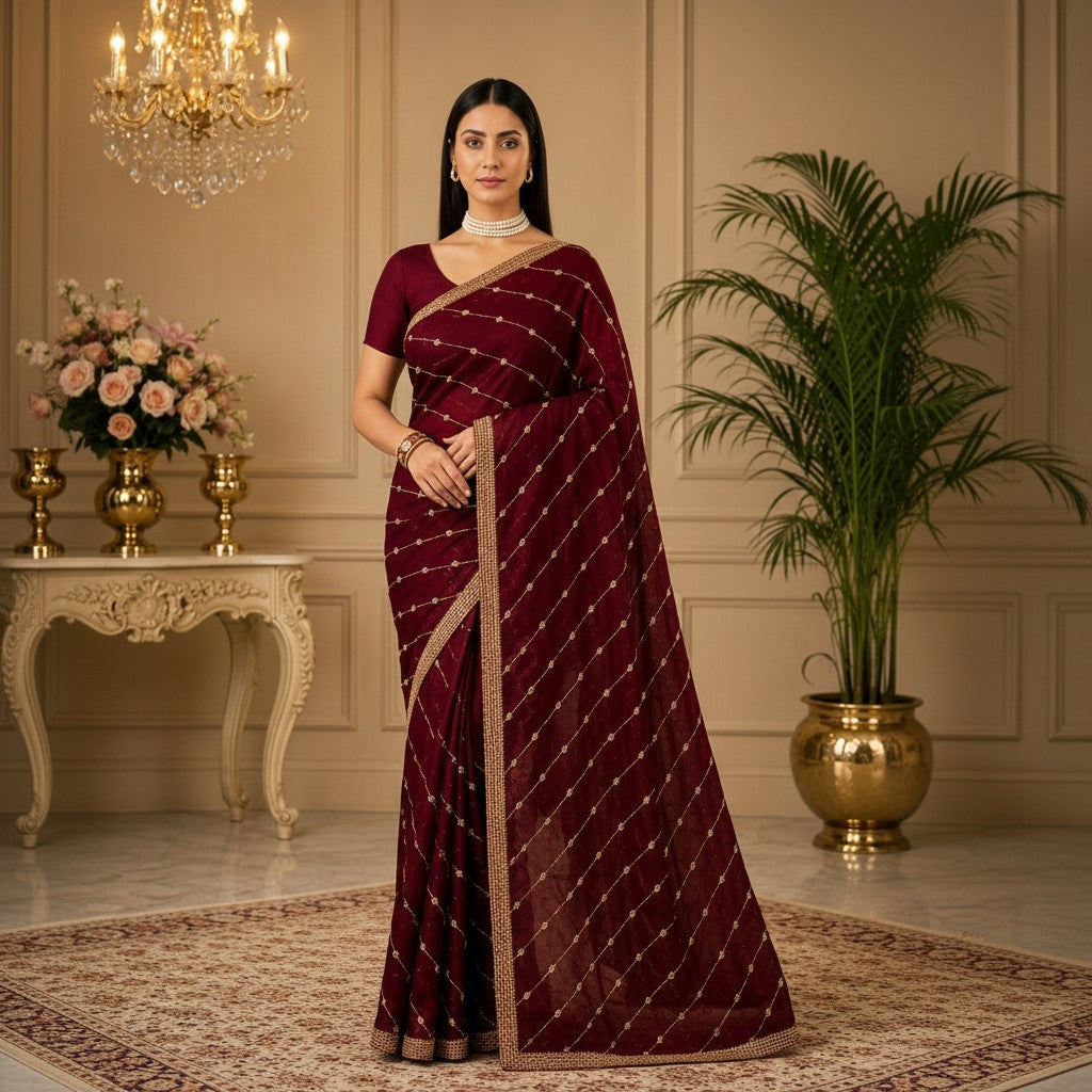 Burgundy Saree with Gold Embellished Lines