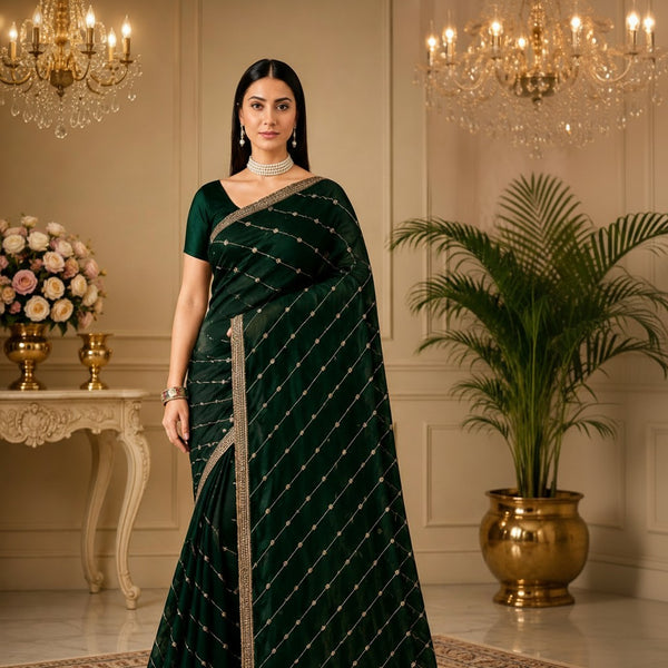 Bottle Green Saree with Gold Embellished Lines