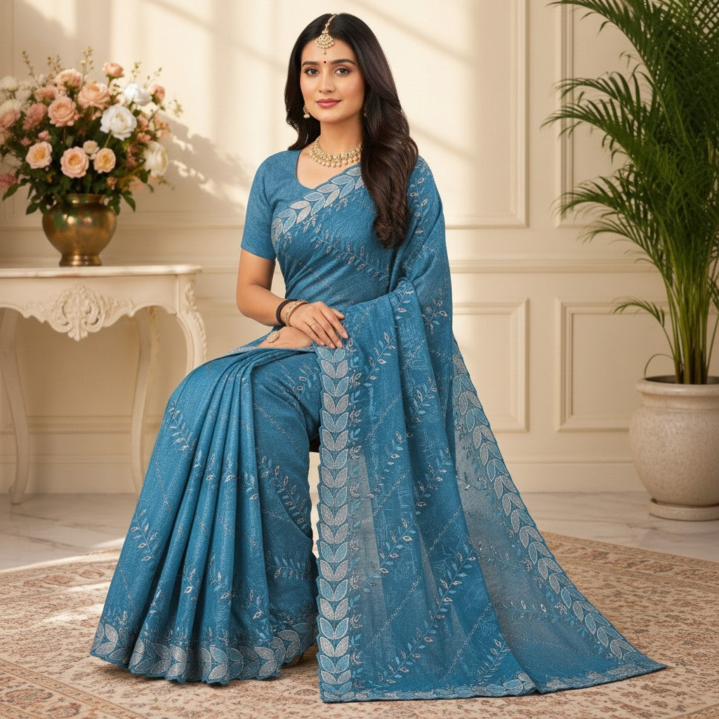 Teal Blue Floral Embroidered Saree