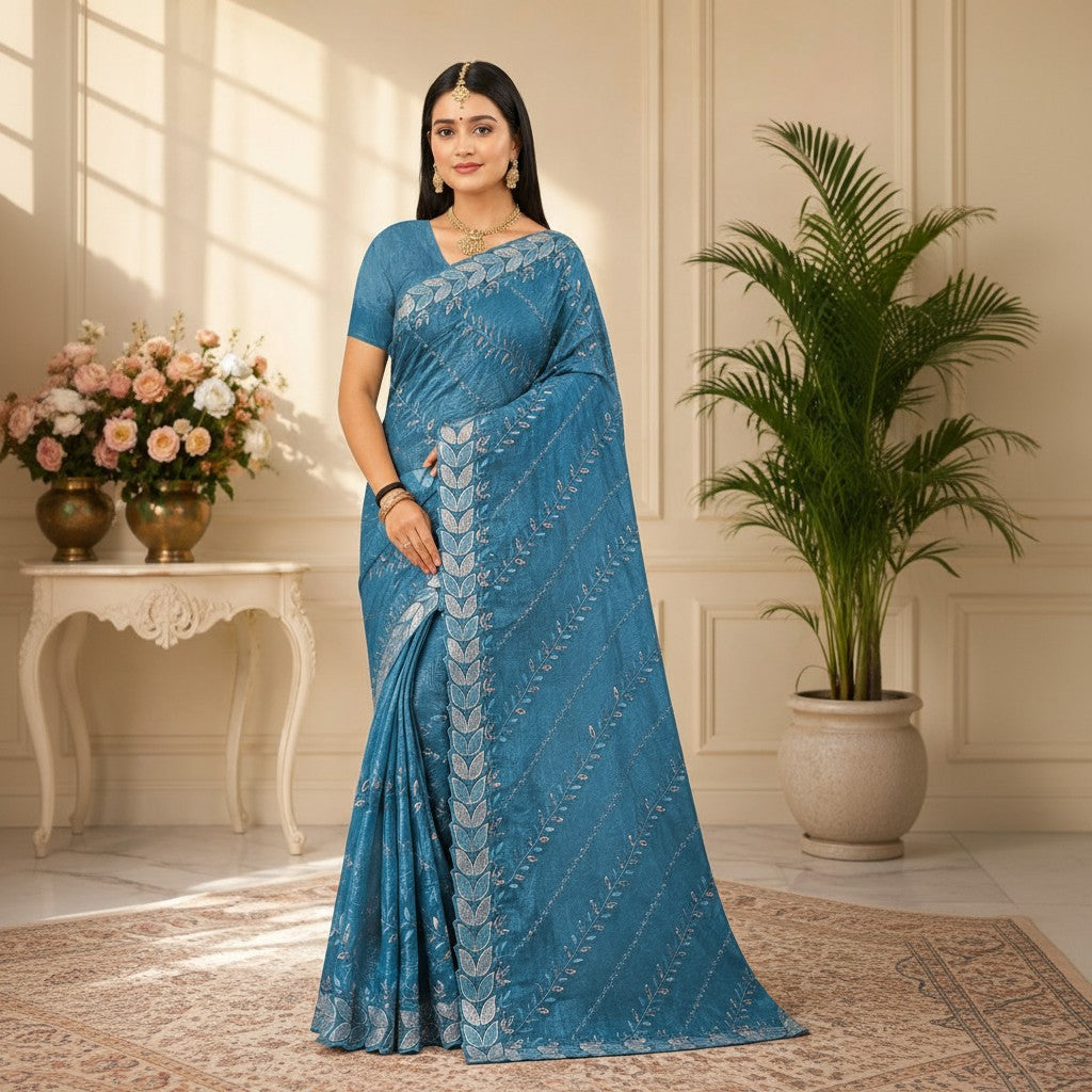 Teal Blue Floral Embroidered Saree