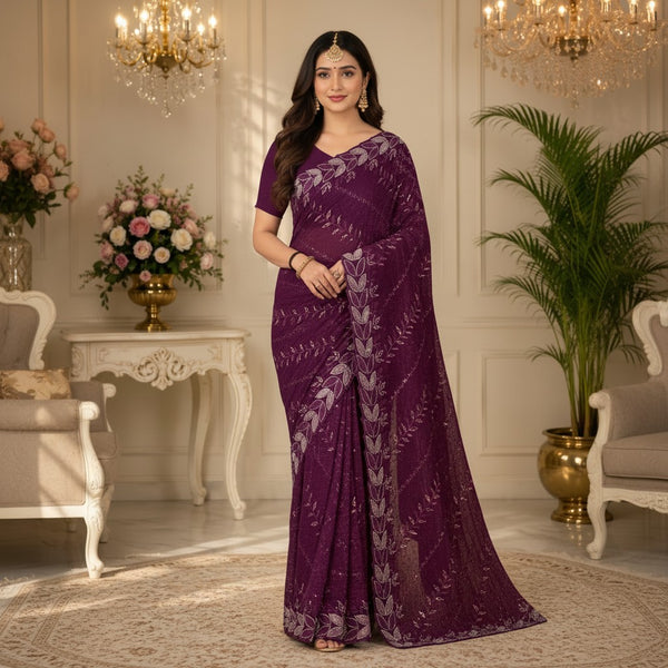 Deep Plum Leaf Embroidered Saree