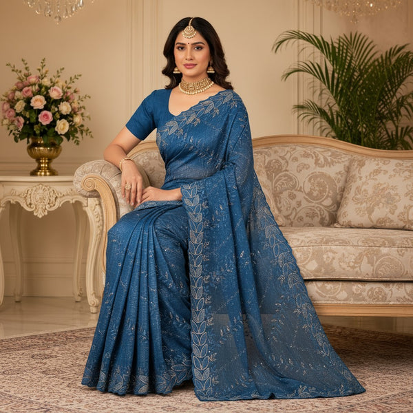 Royal Blue Leaf Embroidered Saree