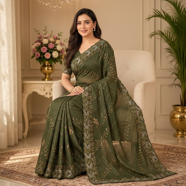 Olive Green Leaf Embroidered Saree