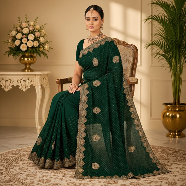 Emerald Green Gold Embroidered Saree