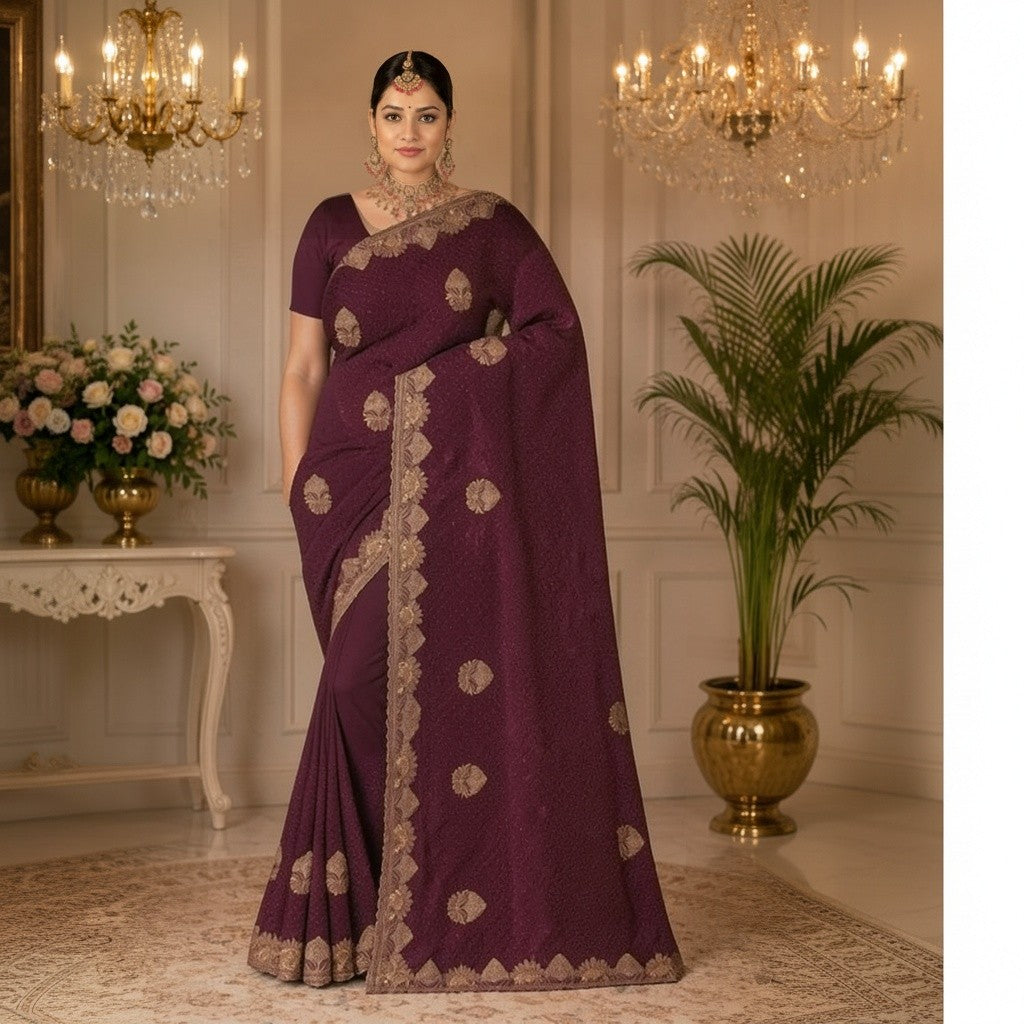 Deep Plum Saree with Ornate Gold Embroidery