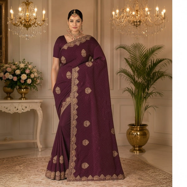 Deep Plum Saree with Ornate Gold Embroidery
