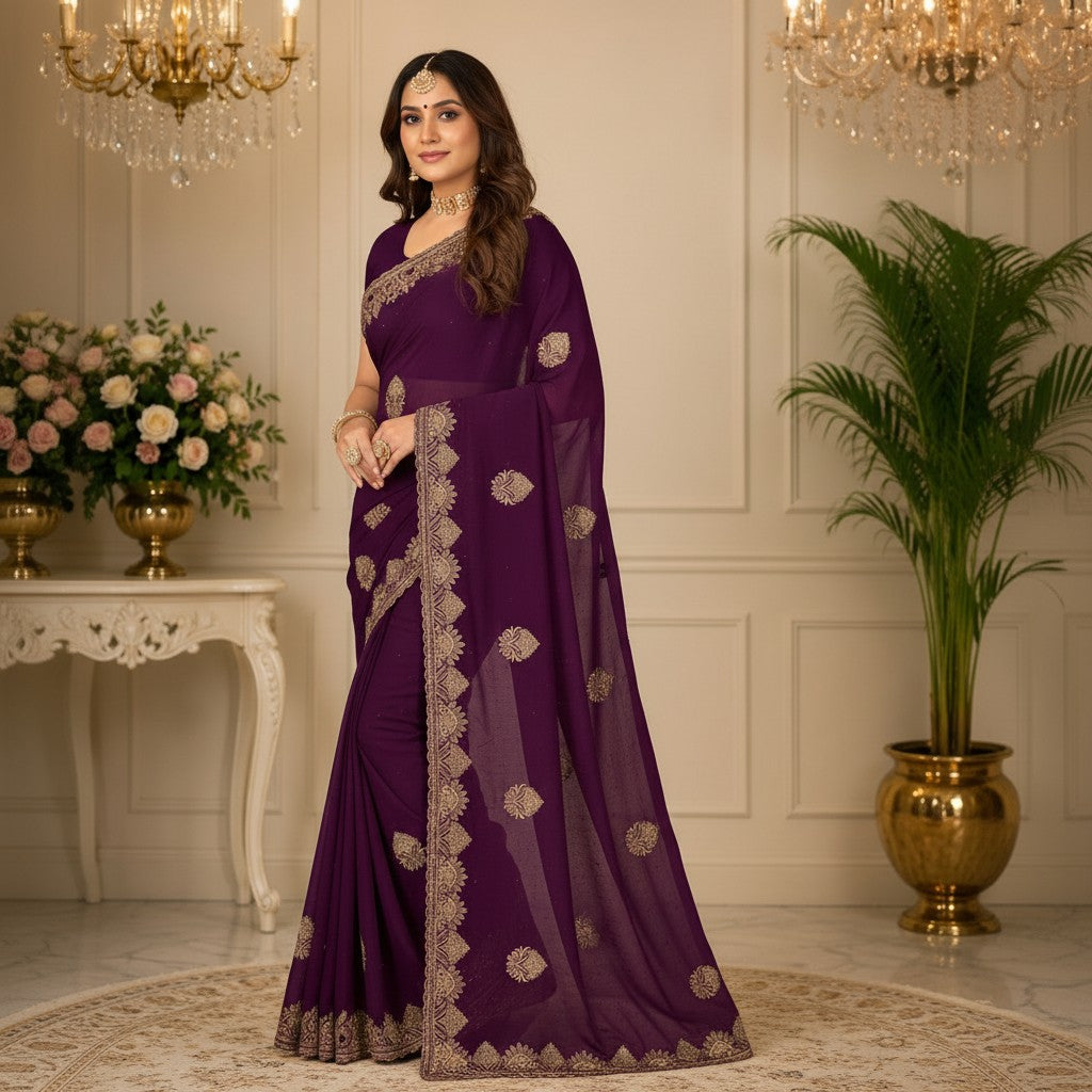 Deep Plum Saree with Ornate Gold Embroidery