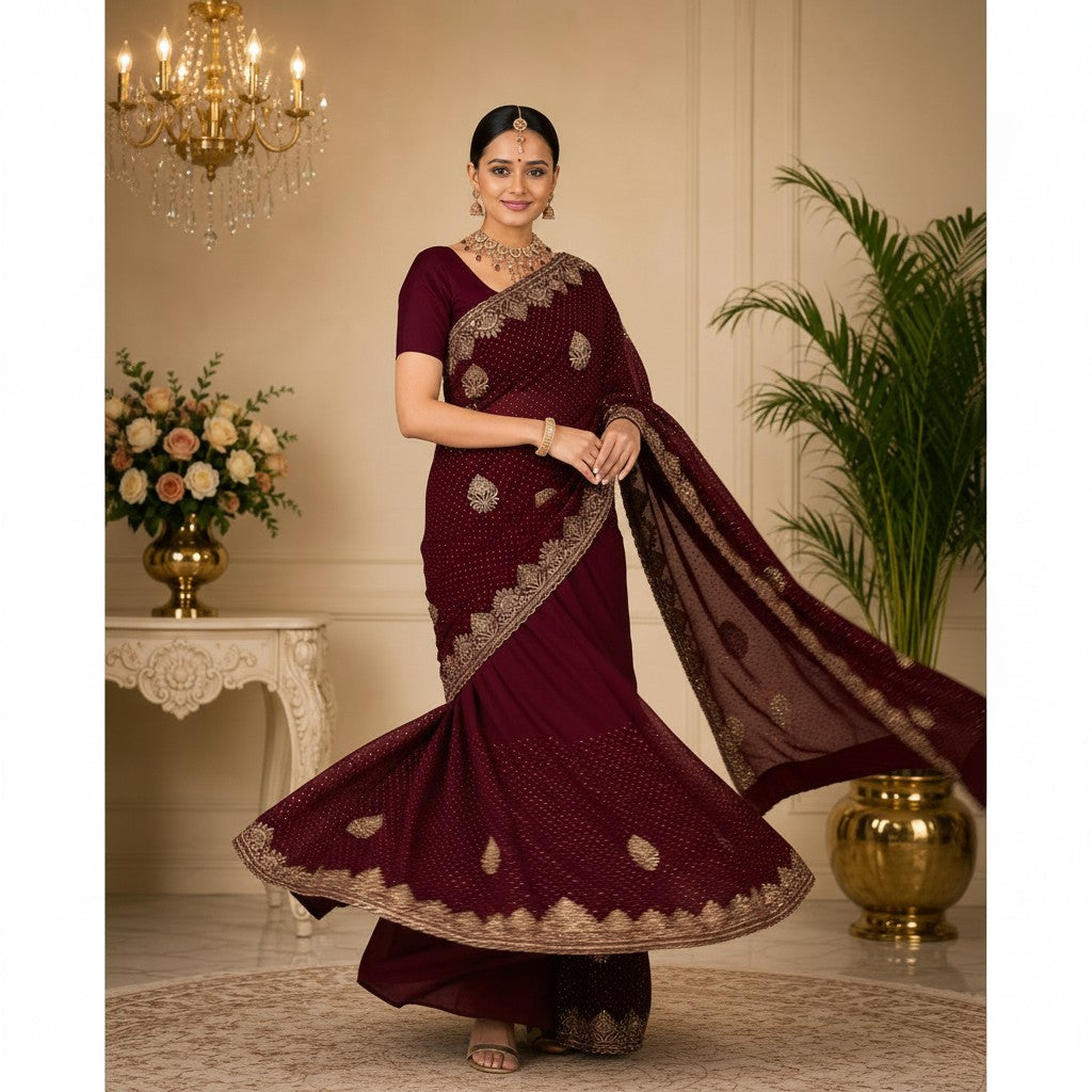Maroon Saree with Intricate Gold Embroidery