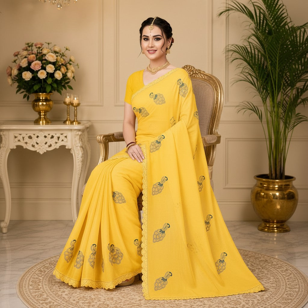 Sunshine Yellow Peacock Motif Saree