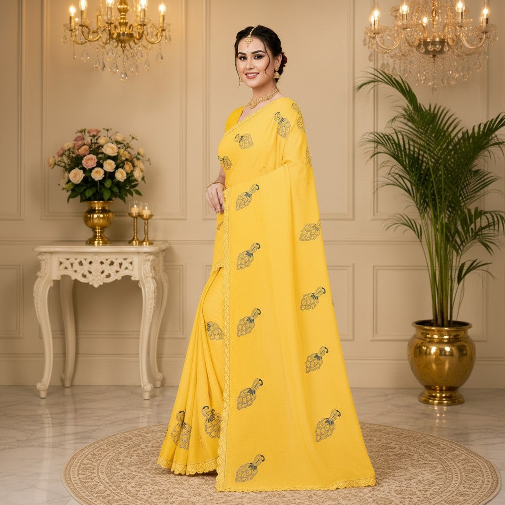 Sunshine Yellow Peacock Motif Saree