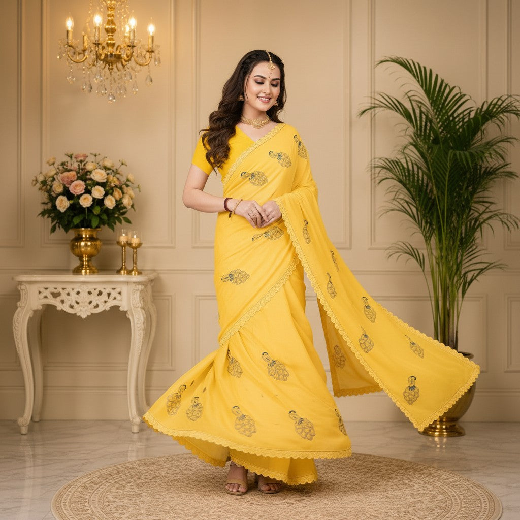 Sunshine Yellow Peacock Motif Saree
