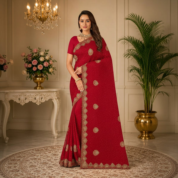Red Saree with Intricate Gold Embroidery