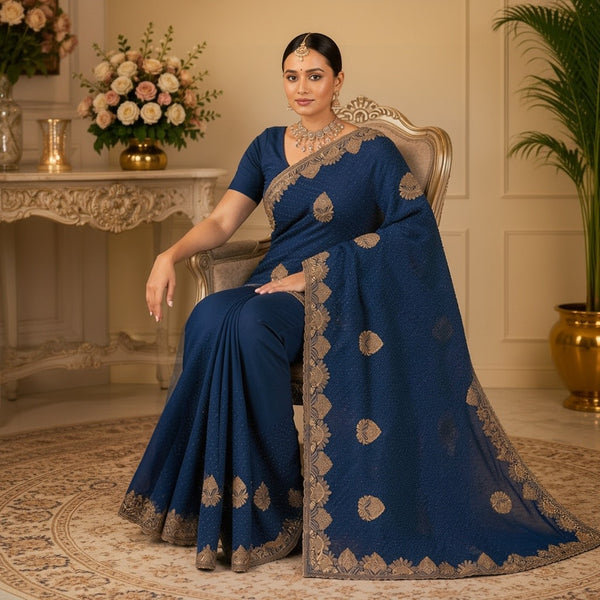 Navy Blue Saree with Intricate Gold Embroidery