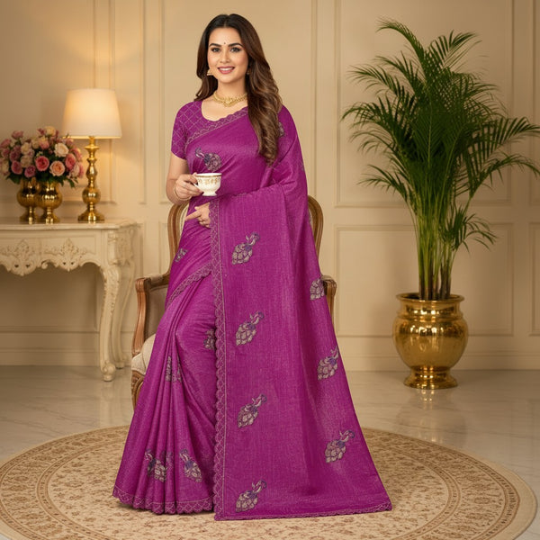 Magenta Peacock Motif Saree with Scalloped Border
