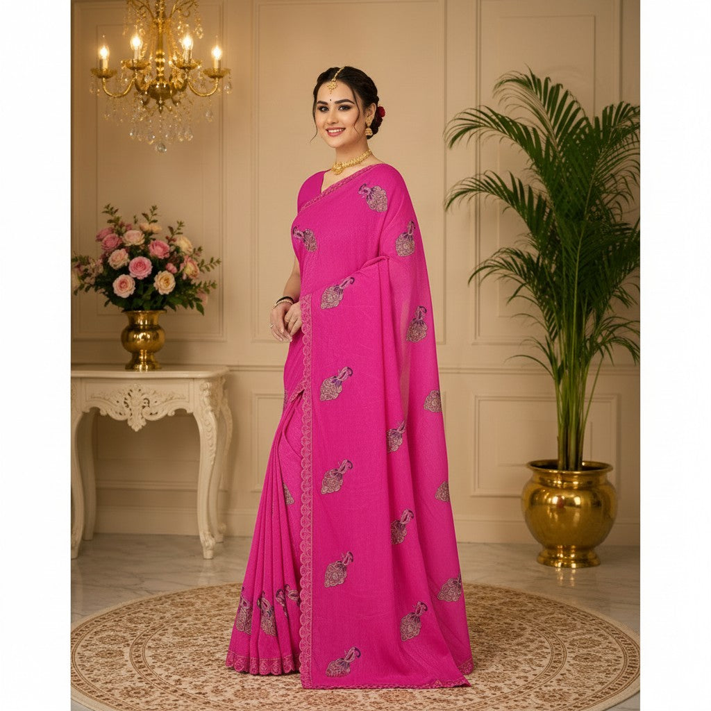 Rani Pink Peacock Motif Saree with Scalloped Border