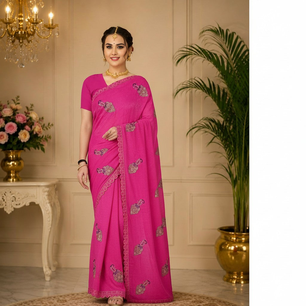 Rani Pink Peacock Motif Saree with Scalloped Border
