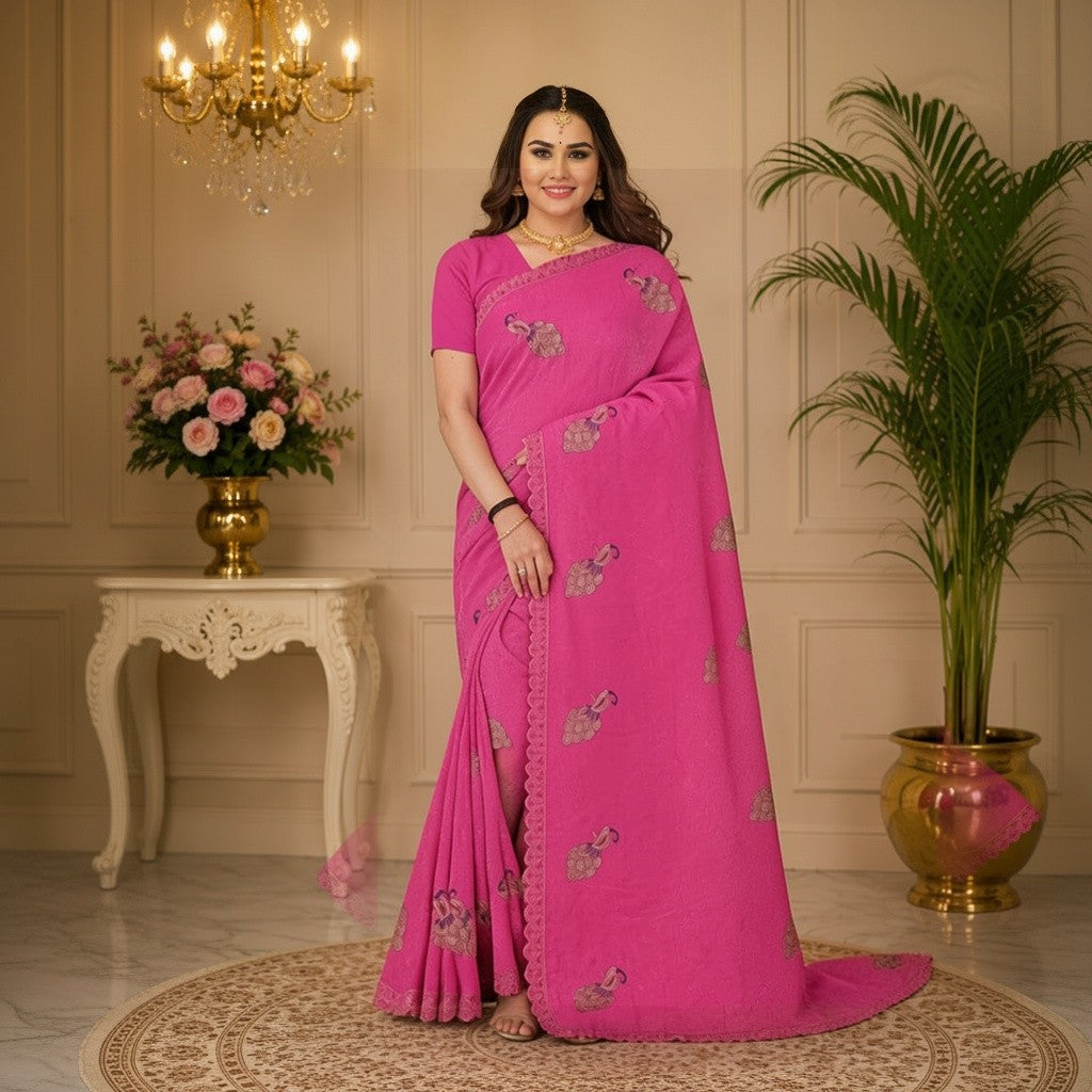 Rani Pink Peacock Motif Saree with Scalloped Border