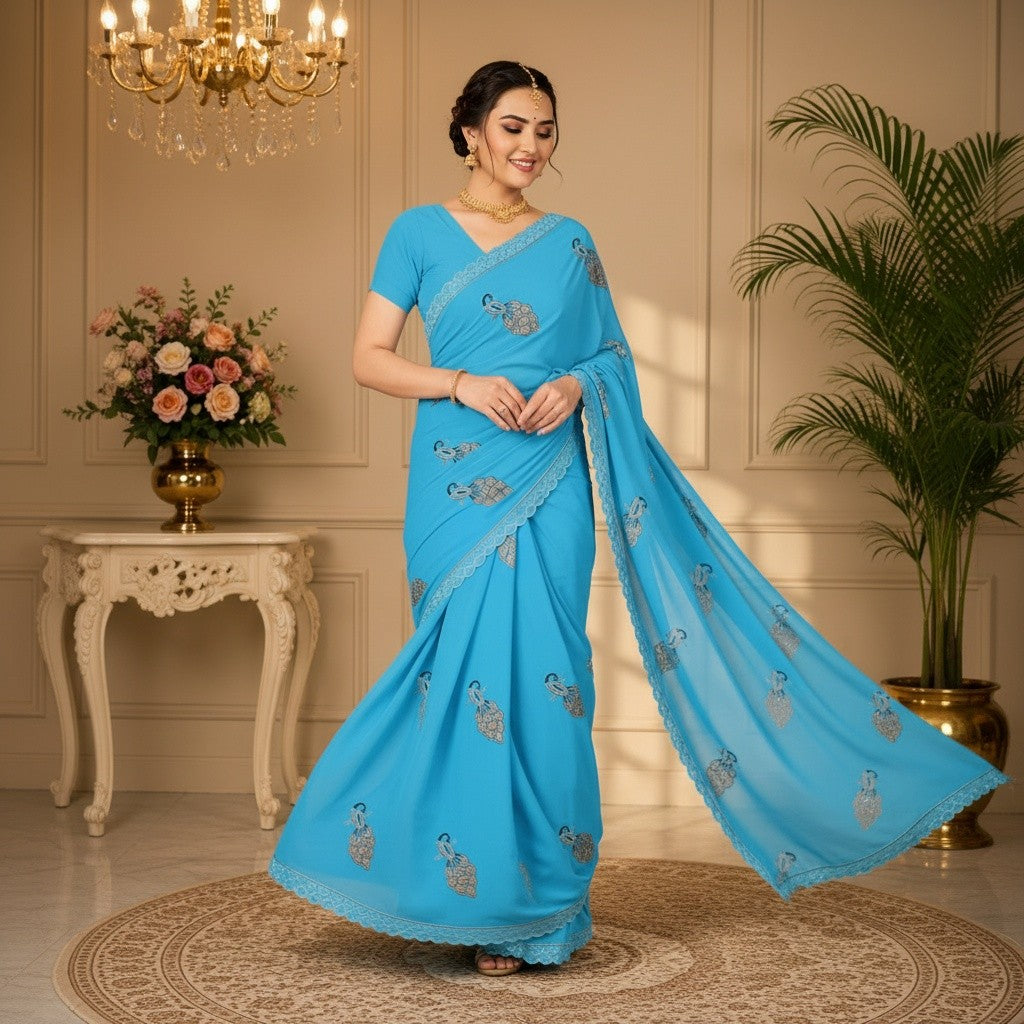 Sky Blue Peacock Motif Saree with Scalloped Border