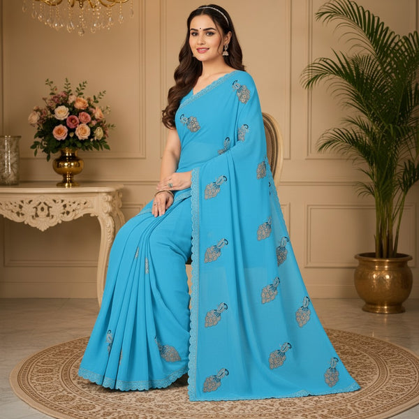 Sky Blue Peacock Motif Saree with Scalloped Border