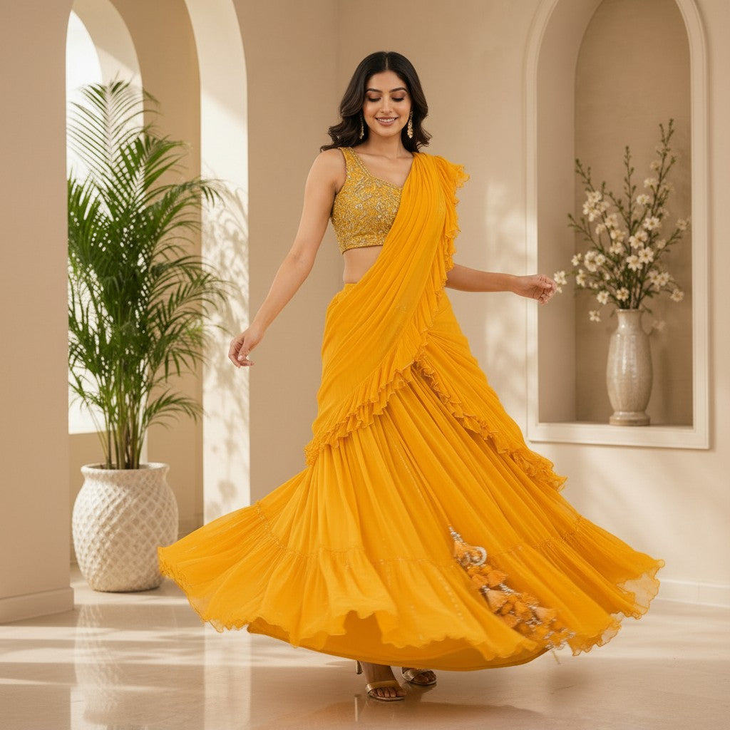 Mustard Yellow Ruffle Draped Lehenga Set