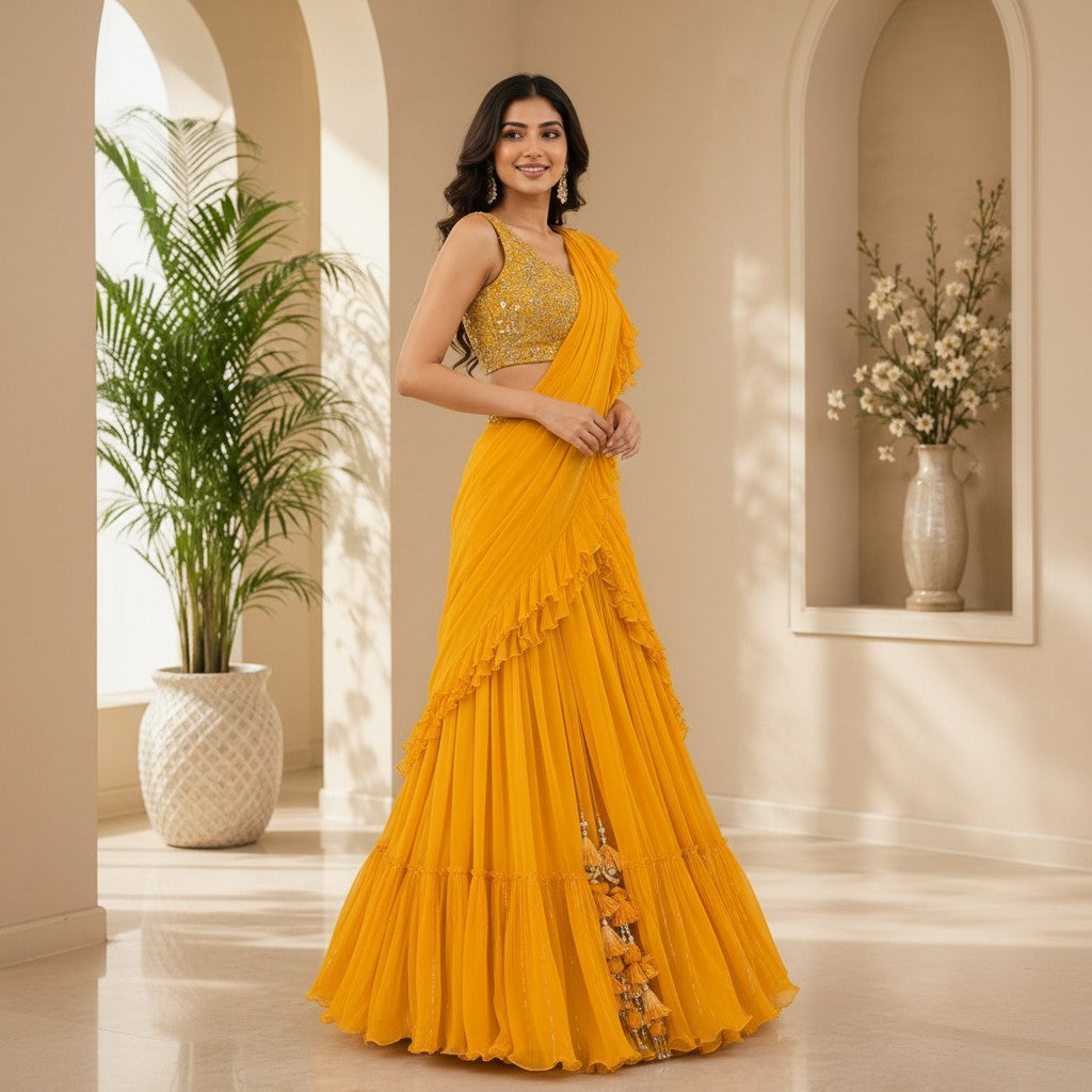 Mustard Yellow Ruffle Draped Lehenga Set
