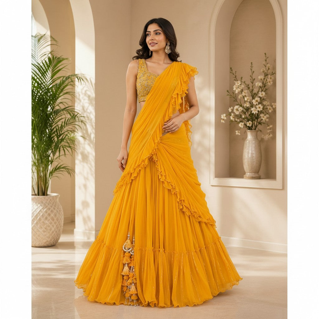 Mustard Yellow Ruffle Draped Lehenga Set
