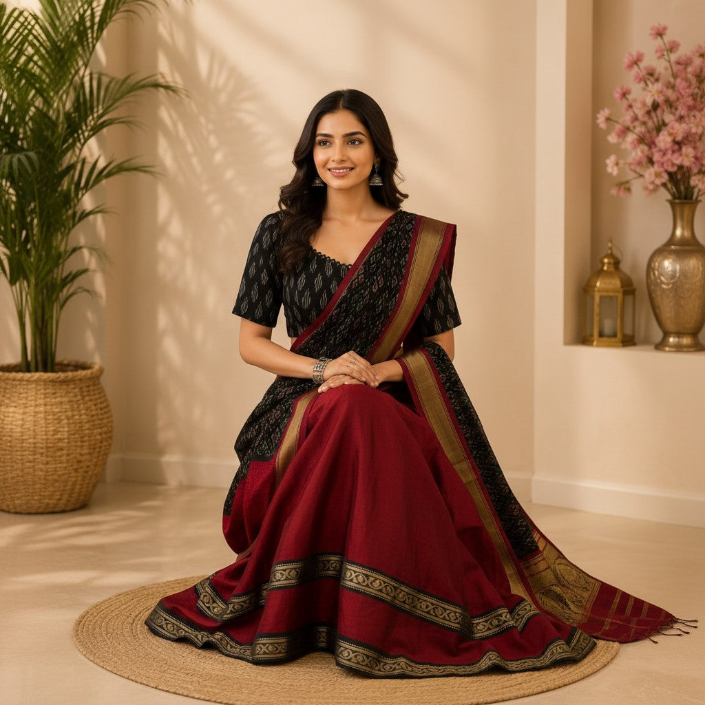Maroon & Black Traditional Saree with Gold Border