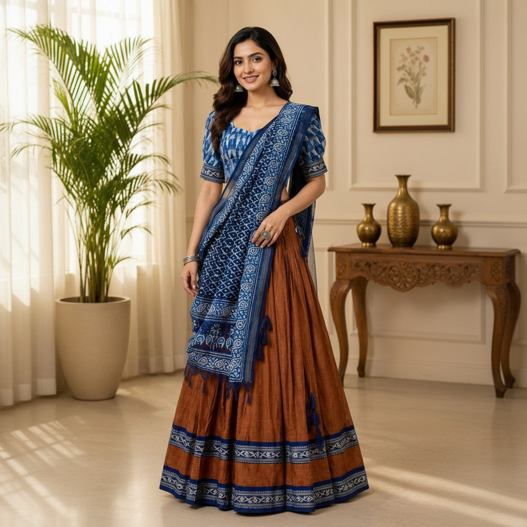 Rust Brown & Indigo Blue Printed Lehenga Set