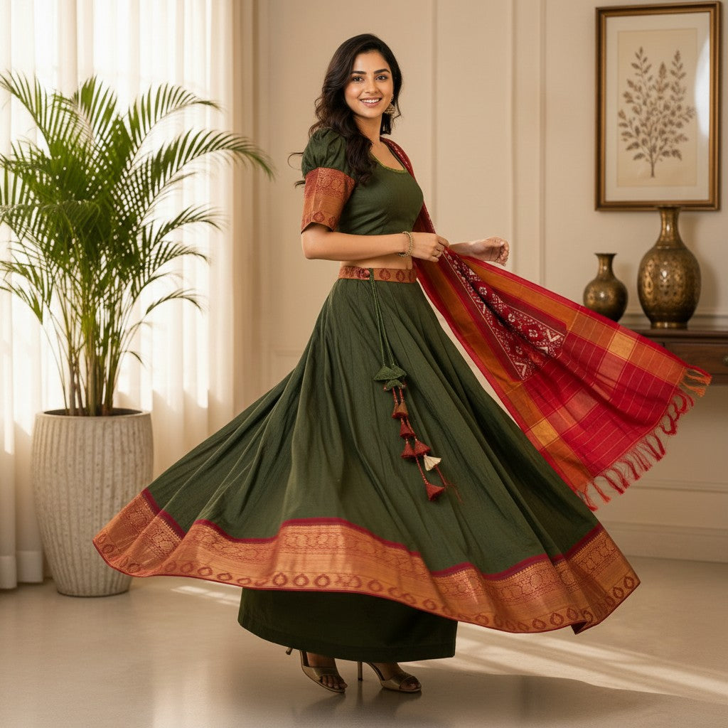 Olive Green & Red Traditional Lehenga Set