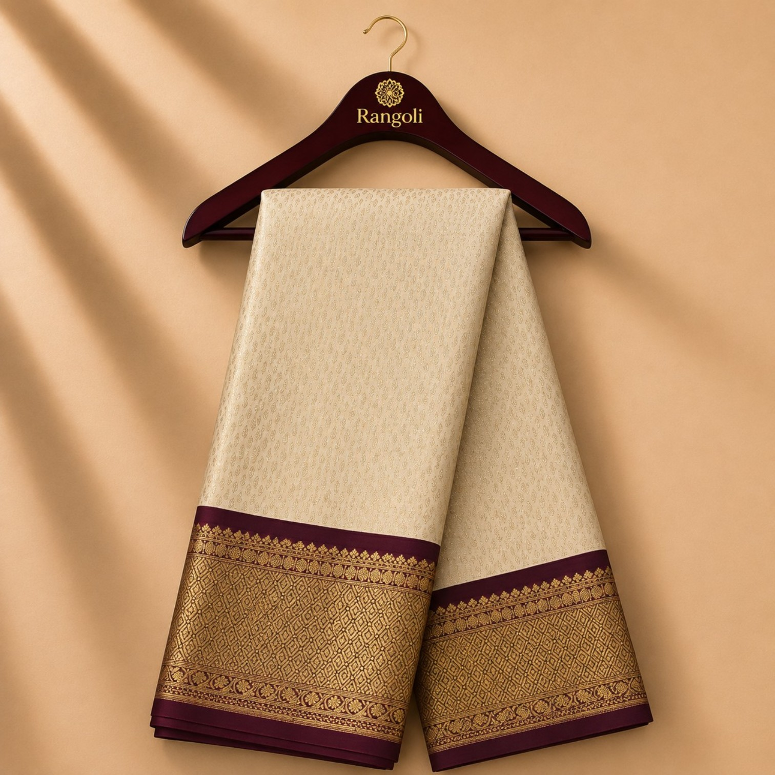 Ivory White Kanchi Pattu Silk Saree with Rich Maroon & Gold Zari Border