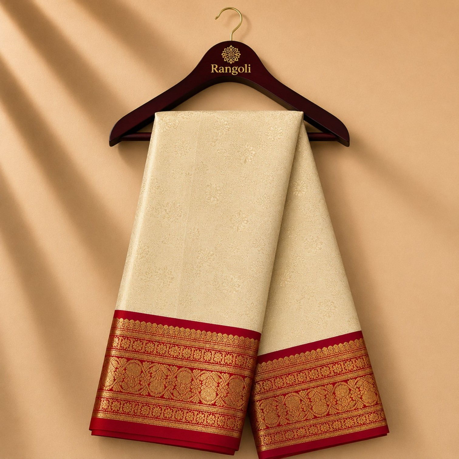 Cream Kanchi Pattu Silk Saree with Rich Red & Gold Zari Border