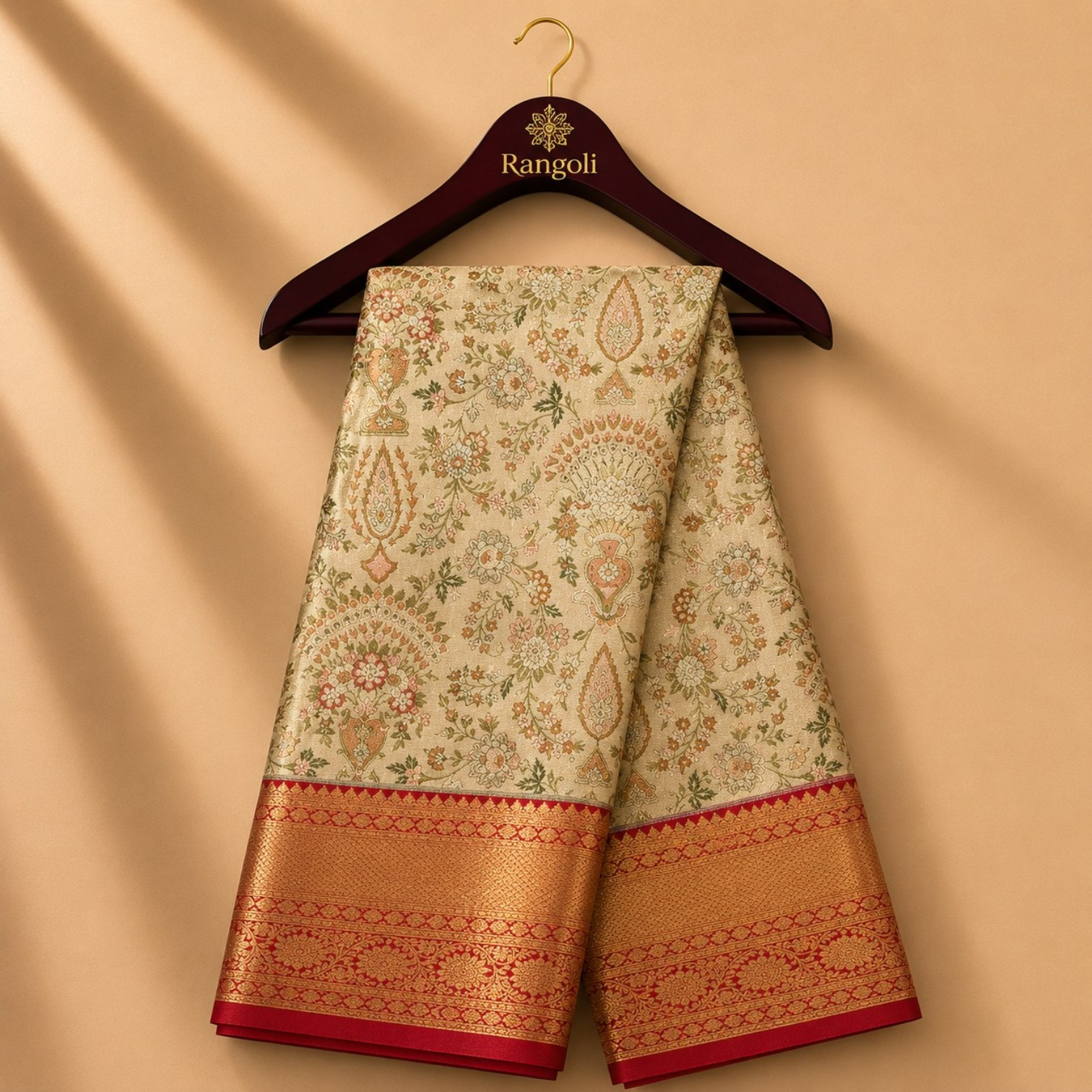 Beige Floral Kanchi Pattu Silk Saree with Rich Red & Gold Zari Border