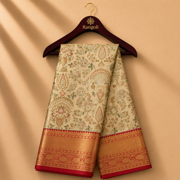 Beige Floral Kanchi Pattu Silk Saree with Rich Red & Gold Zari Border