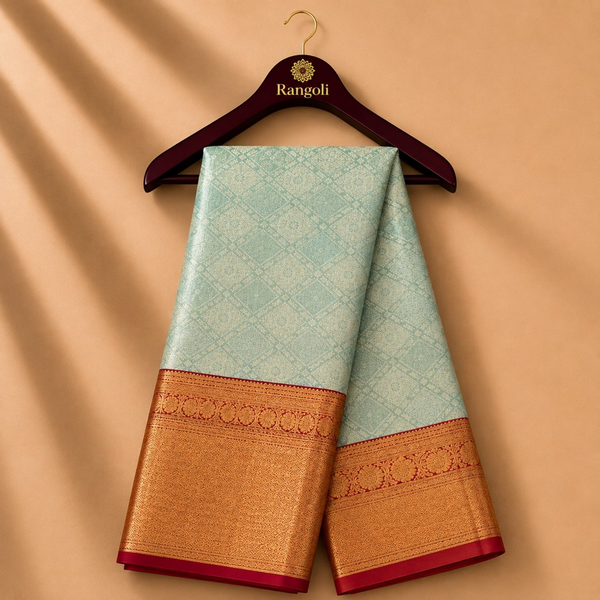 Sea Green Kanchi Pattu Silk Saree with Antique Gold Zari Border
