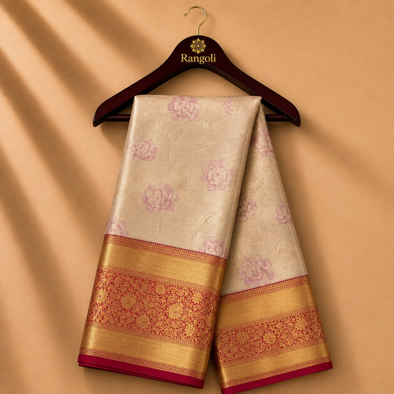Champagne Gold Floral Kanchi Pattu Silk Saree with Rich Red & Gold Zari Border