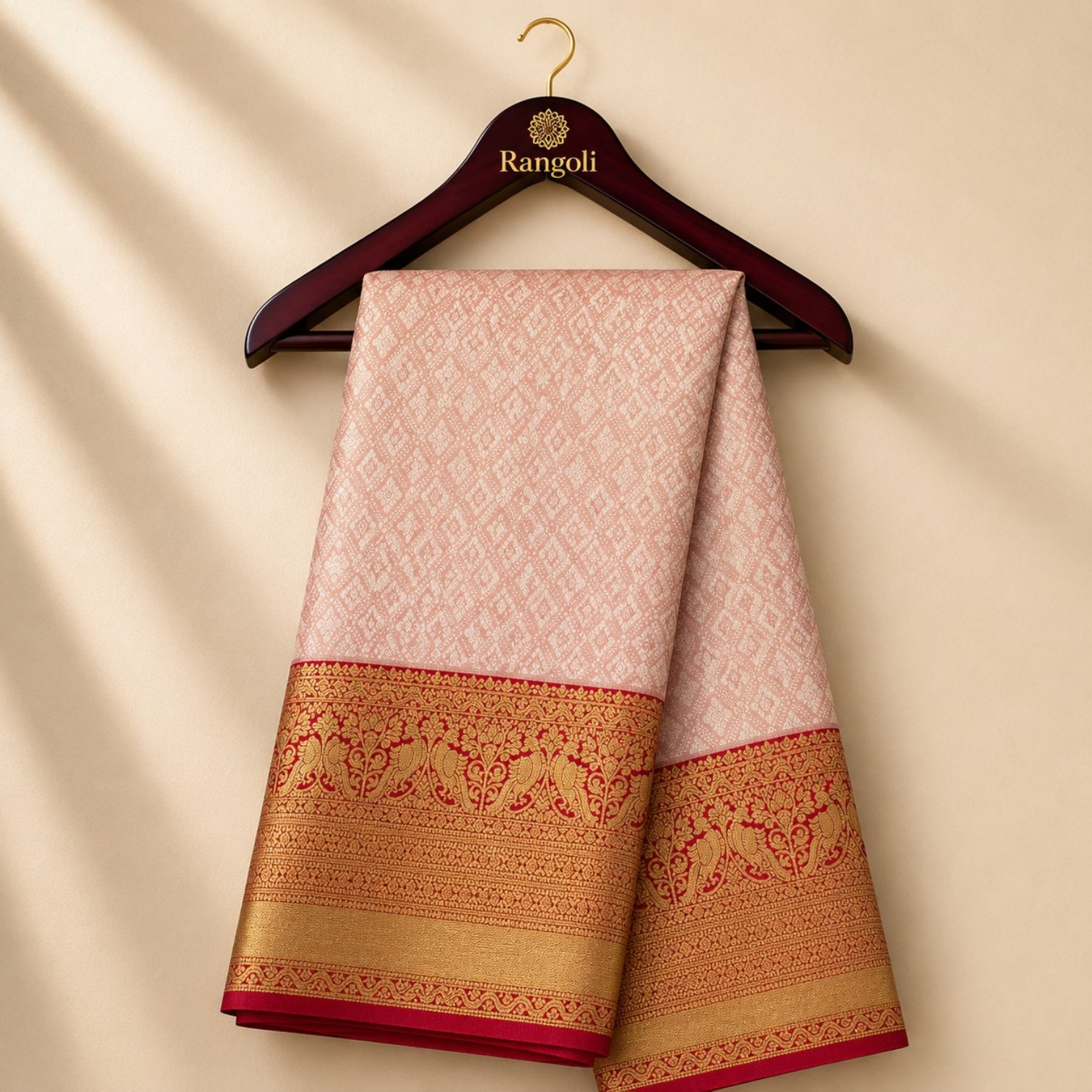 Blush Pink Kanchi Pattu Silk Saree with Rich Red & Gold Zari Border