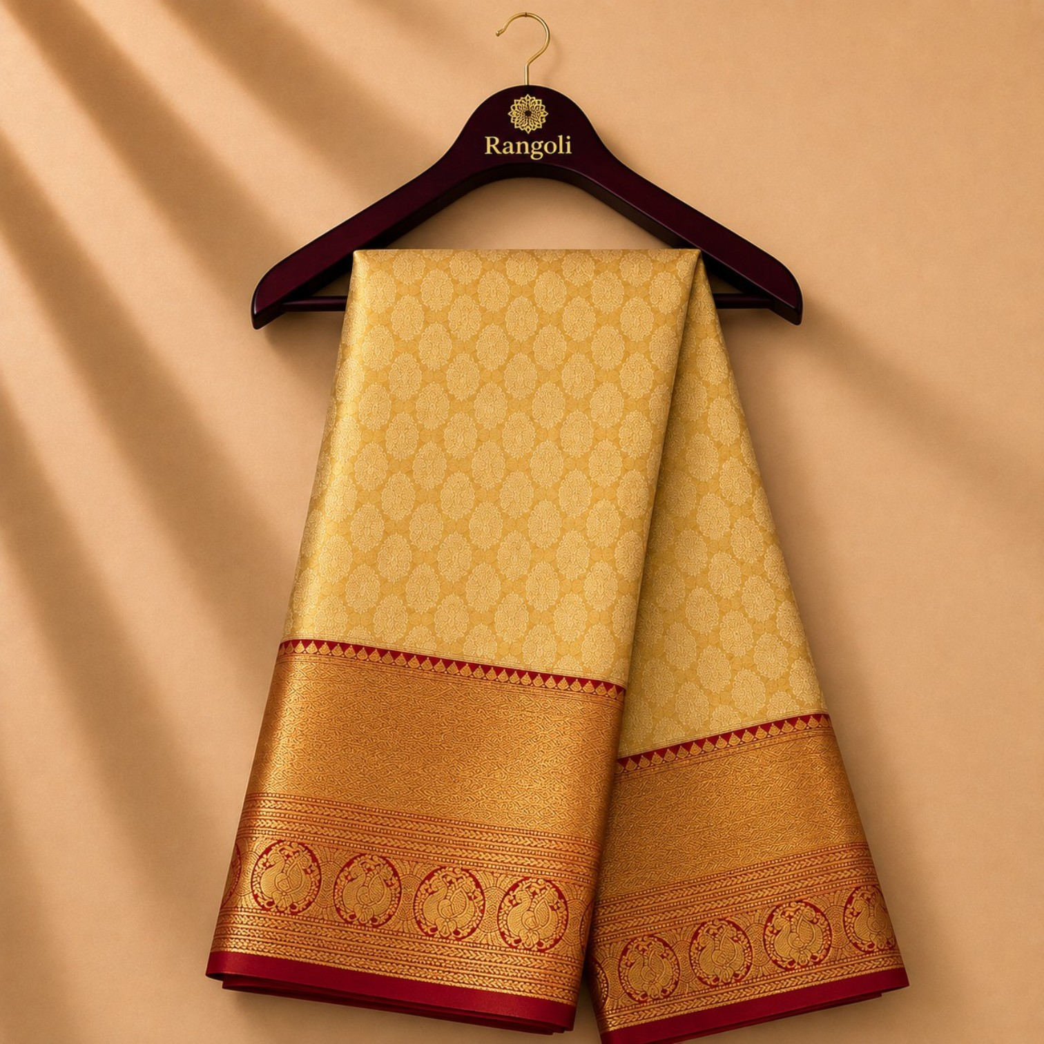 Golden Beige Kanchi Pattu Silk Saree with Rich Red & Gold Traditional Zari Border