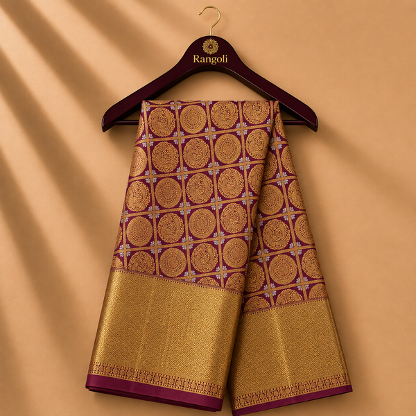 Maroon Kanchi Pattu Silk Saree with Grand Gold Zari Medallion Weaving & Rich Zari Border