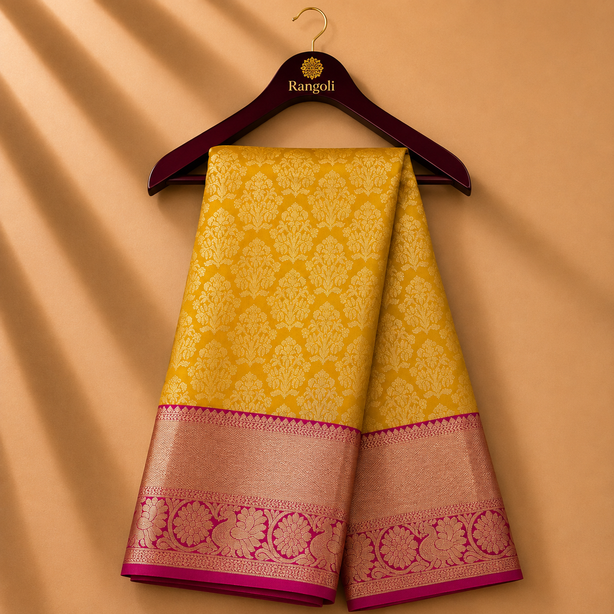 Mustard Yellow Kanchipattu Silk Saree with Pink Gold Zari Floral Border
