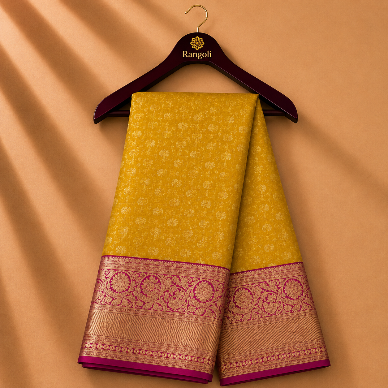 Mustard Yellow Kanchipattu Silk Saree with Magenta Floral Zari Border
